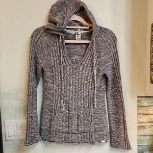 Roxy Gray Marled Knit Hoodie with Drawstring Trim